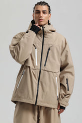 Men's Khaki Contrast-Zip Fully Sealed Waterproof Insulated Snow Jacket
